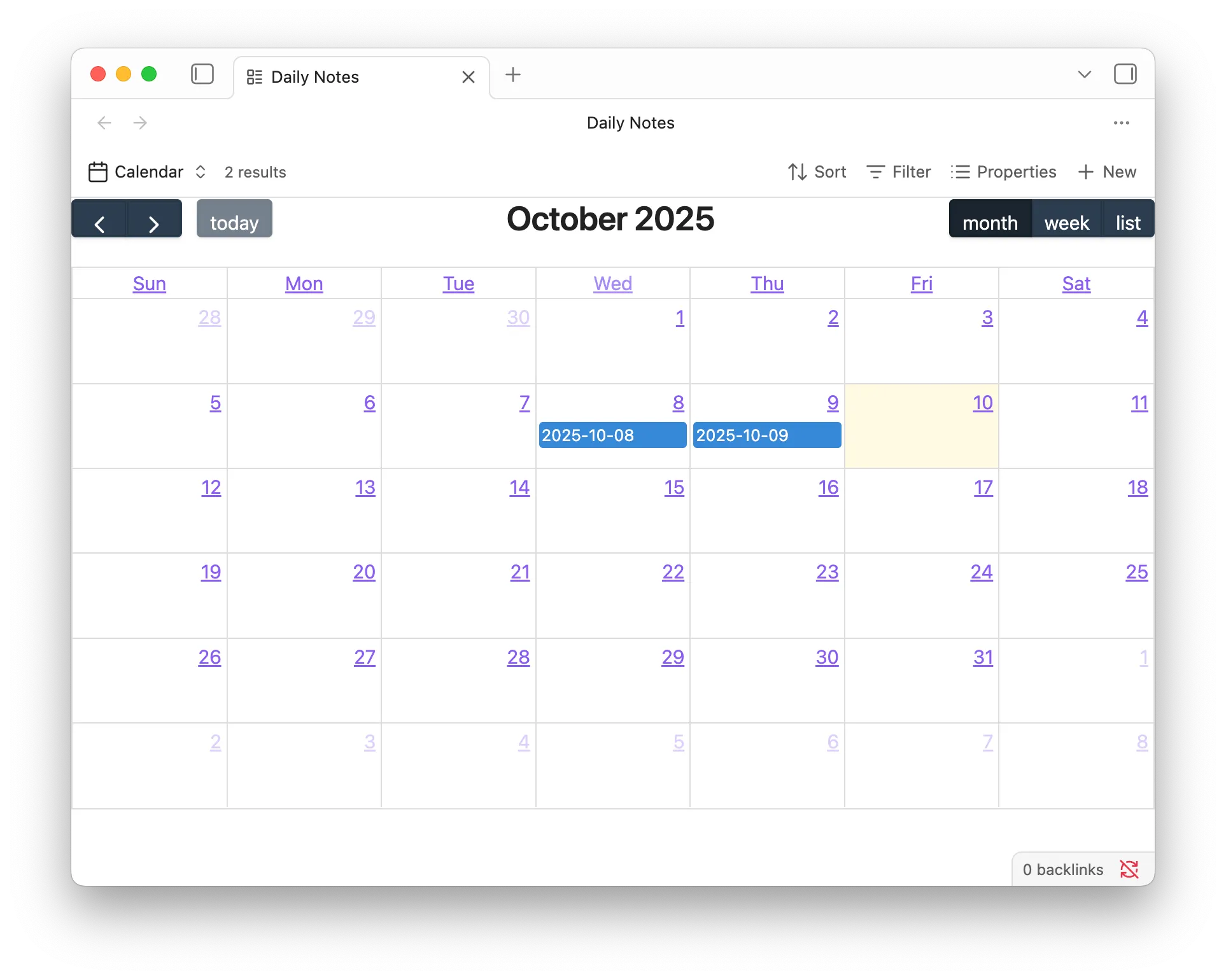 Bases results displayed as calendar events