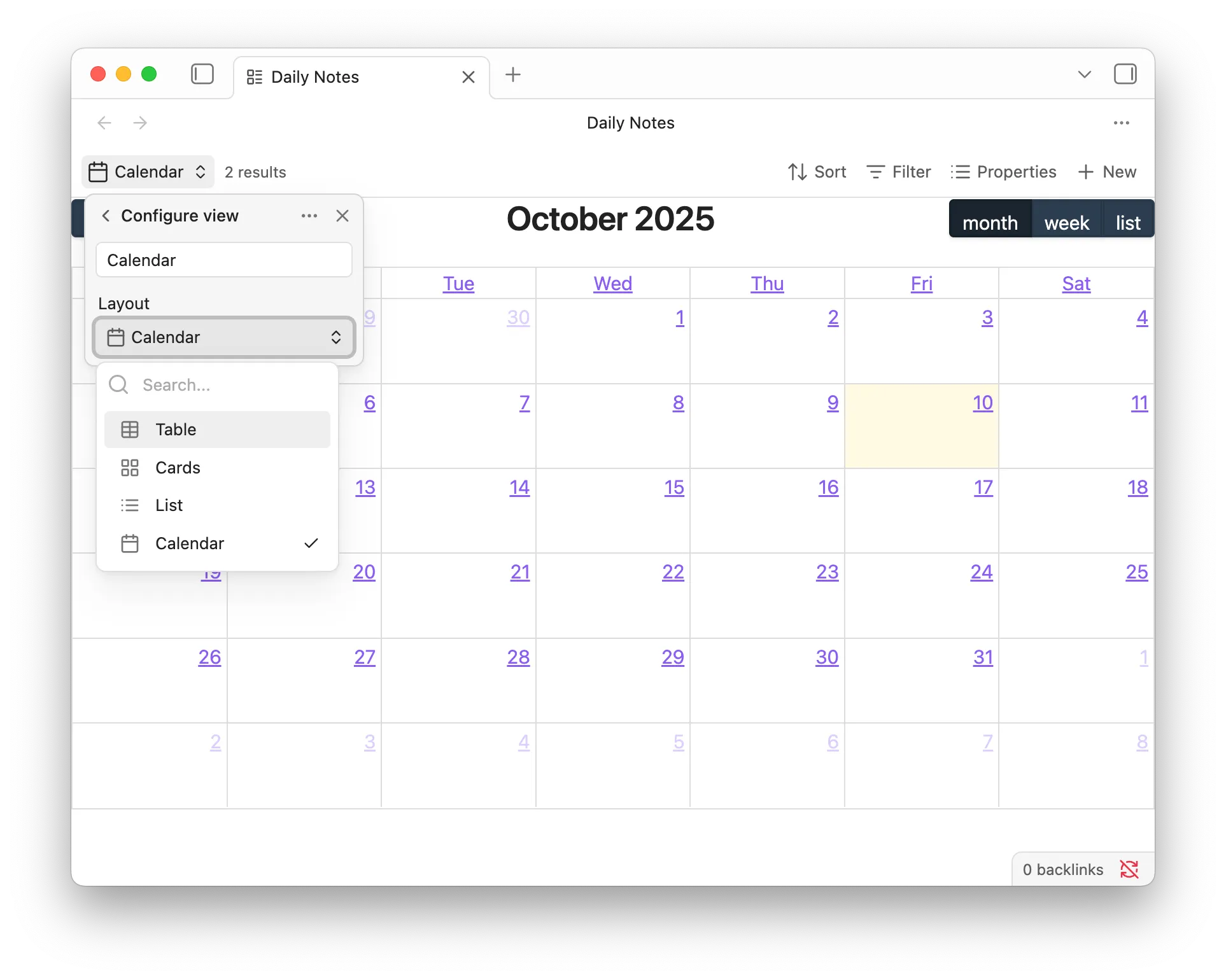 Selecting the Calendar layout for the Base